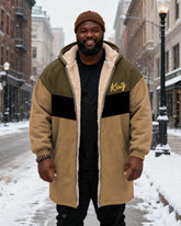 Big & Tall Men's Army Green Color Patchwork King Printed Velvet Thickened Long Hooded Coat